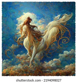  A woman on Pegasus in a place like Paradise, 3D art , special illustration, art design, Vector