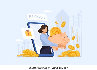 Woman on phone screen with piggy bank and pile of money, concept of profitable investment of money, income growth, budget saving, winning. Flat cartoon vector illustration.