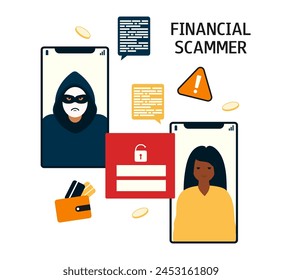 Woman on the phone screen and scammer. Concept of online fraud, cyber crime, data hacking. Vector flat illustration isolated on white background.