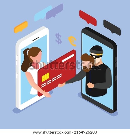 Woman on the phone screen and the scammer stealing a credit card isometric 3d vector illustration concept for banner, website, illustration, landing page, flyer, etc.