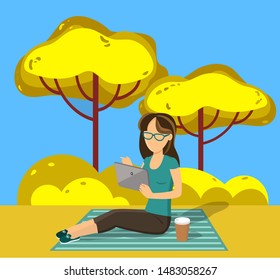 Woman on picnic and city autumn park, girl on blanket with coffee and tablet. Outdoor activity and nature, female character and trees, grass and bushes. Vector illustration in flat cartoon style