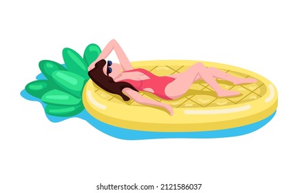 Woman on pineapple air mattress semi flat color vector character. Lying figure. Full body person on white. Pool party simple cartoon style illustration for web graphic design and animation