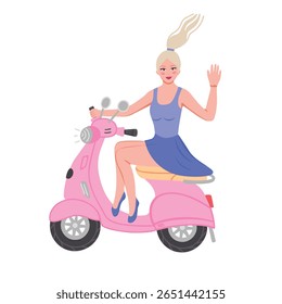 mulher no ciclomotor rosa. Ilustração vetorial para impressão, fundos, capas e embalagem. A imagem pode ser usada para cartões comemorativos, cartazes, adesivos e têxteis. Isolado no fundo branco.