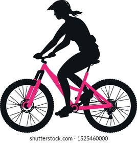 Woman on a pink mountain bike with a rucksack