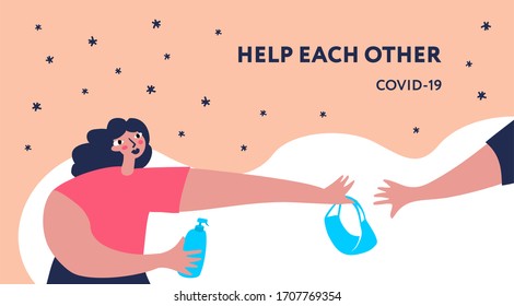 a woman on a pink and white background extended her hand to pass the mask to another person, in her hands she holds an antiseptic for hands