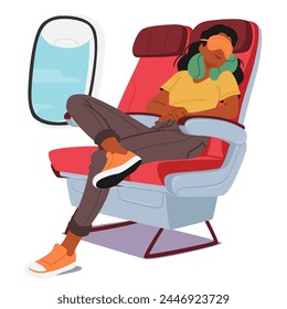 Woman On The Plane, Nestled With A Neck Pillow And Wearing A Sleeping Mask, Dozing Off In Serene Repose. Relaxed Female Character with Travel Cushion on Airplane. Cartoon People Vector Illustration