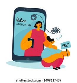 Woman on psychologist online session.Signboard help.A woman talks about her problems to a therapist through a video call.The psychologist reassures patient and helps to deal with the problem.Vector