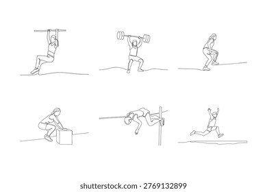 Woman on pull-up bar, weightlifter, runner jumping, woman box jumping, high jumper, long jumper.