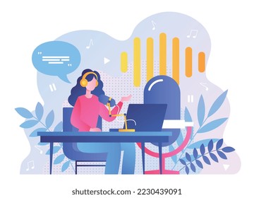 Woman on radio. Girl with laptop behind microphone, records podcast and audio file. Poster or banner for website. Popular personality creates interesting content. Cartoon flat vector illustration
