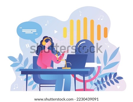 Woman on radio. Girl with laptop behind microphone, records podcast and audio file. Poster or banner for website. Popular personality creates interesting content. Cartoon flat vector illustration