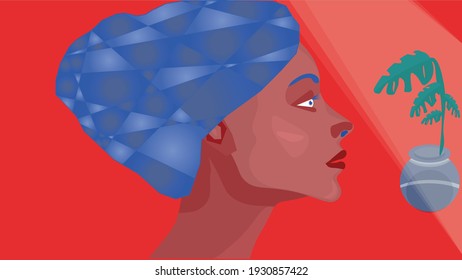 woman on red background with blue hair