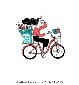 A woman on a red bike with a "Save the Earth" sign and flowers in the basket promotes eco-friendly living and sustainable transportation. A joyful embrace of nature and cycling.