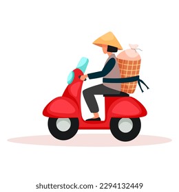Woman on red motorcycle carrying big bag. Transport of large consignments on a moped in the city cartoon vector illustration.