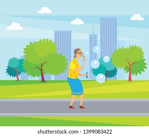 Woman on retirement vector, lady blowing in ring and making soap bubbles in city park, cityscape with buildings and skyscrapers, senior person fun