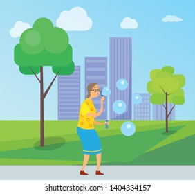 Woman on retirement vector, lady blowing in ring and making soap bubbles in city park, cityscape with buildings and skyscrapers, senior person fun