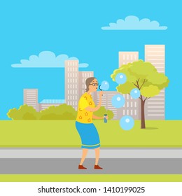 Woman on retirement vector, lady blowing in ring and making soap bubbles in city park, cityscape with buildings and skyscrapers, senior person fun