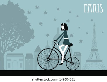 Woman on the retro bicycle in Paris. Vector