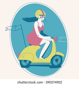 Woman on a retro scooter. Vector illustration