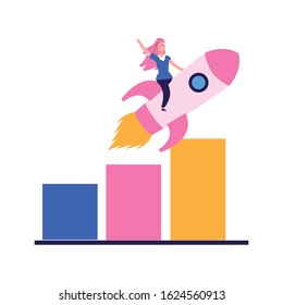 woman on rocket and graphic bar chart over white background, vector illustration