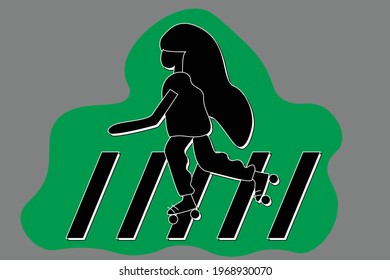 Woman on roller skates, black white green - flat design