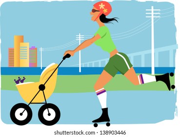 Woman on roller skates jogging with a stroller, urban landscape on the background, vector illustration