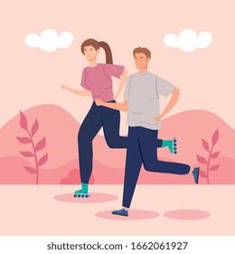 woman on roller skates and man running vector illustration design