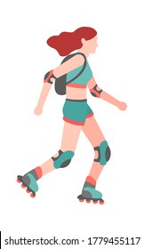 Woman on roller skates. Simple young character teenager girl skates using rollerblades. Outdoor activities in park, healthy leisure lifestyle. Flat vector cartoon isolated illustration