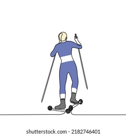 woman on roller skates with ski poles in sportswear - one line drawing vector. concept Scandinavian rollerblading, roller skating