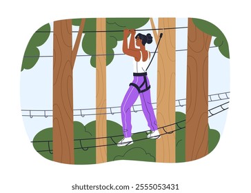 Woman on rope course in forest park, outdoor adventure, leisure activity in nature. Female walking through cord obstacle with safety harness. Flat vector illustration isolated on white background