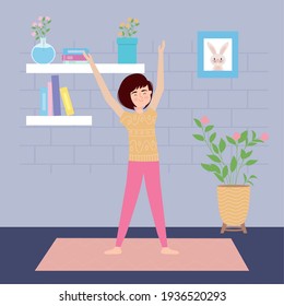 Woman on rug staying home