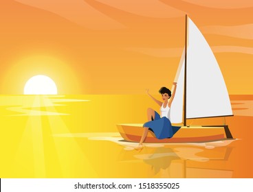 Woman On Sailing Ship At Sunset Banner In Cartoon Style. Top View Sail Boat On Deep Blue Sea Water. 