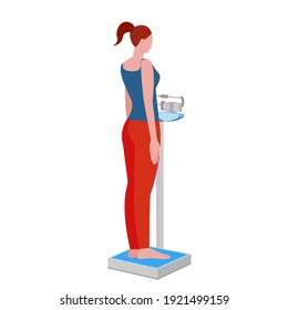 woman on the scales. mechanical scales. weighing, weight control. obesity and normal weight. stock vector illustration.