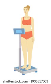 
woman on the scales. medical scales. weight control. girl on electronic scales. stock vector illustration.