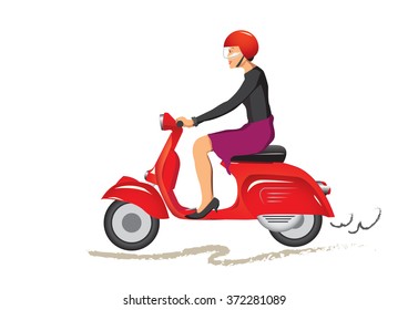 Lovely Girl Riding On Red Moped Stock Vector (Royalty Free) 429095059