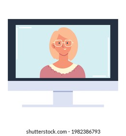woman on screen computer isolated