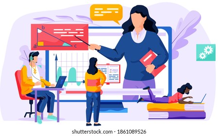 Woman on screen explains new topic. Online geometry lesson. Girl stands next to computer screen and describes a video. Guy with headphones listening to voice. Female character on books works on laptop