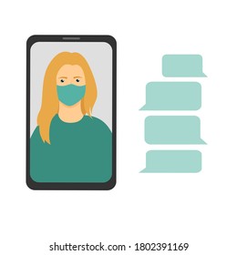 Woman On The Screen In A Medical Mask, Video Communication With A Doctor Or Selfie. Flat Vector Illustration