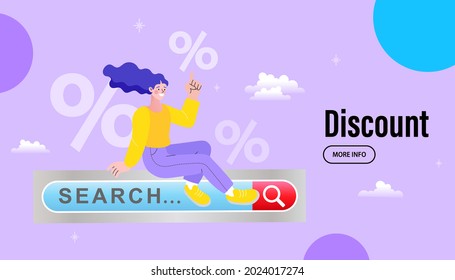 Woman on the searching bar. Search or research concept. vector support girl flat is always ready find necessary information. A metaphor for finding solutions for business.