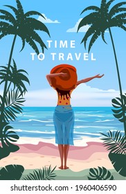 Woman on seaside resort in beachwear red hat enjoing rest. Time to travel vacation tropical palms exotic flora, sea, ocean. Vector illustration retro, vintage