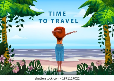 Woman on seaside resort in beachwear red hat enjoing rest. Time to travel vacation tropical palms exotic flora, sea, ocean. Vector illustration