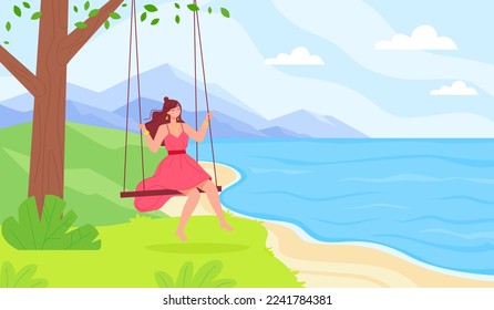 Woman on seesaw. Happy lady with long hair leaving city for enjoying swings in naturally park, slow life time carefree being holidays love freedom vector illustration of swing by young girl cartoon