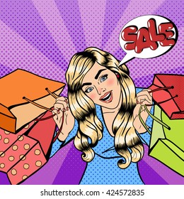 Woman on Shopping with Bags. Pop Art. Comic Speech Bubble with Expression Sale. Big Discount. Vector illustration