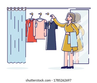 Woman on shopping choosing clothes on hangers for trying in dressing room. Female cartoon consumer in fashion clothing store or mall buying new outfit. Linear vector illustration