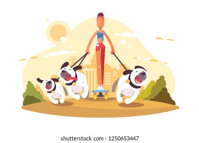 Woman on skate walking with dogs vector illustration. Girl in casual clothes listening to music and going with doggies in urban park square flat style concept. Pet walker service