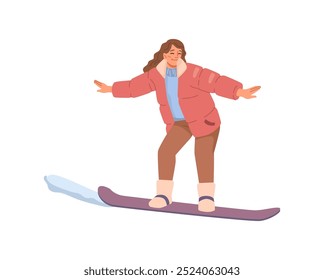 Mulher no skate cartum pessoa fazendo atividades de esportes de inverno e se divertindo no inverno. Menina bonito em roupas de inverno quente fora, descanso extremo, skate personagem vetor ilustração