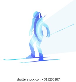 Woman on ski silhouette illustration vector background colorful concept made of transparent curved shapes