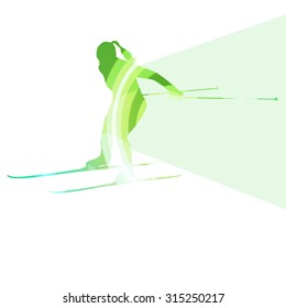 Woman on ski silhouette illustration vector background colorful concept made of transparent curved shapes