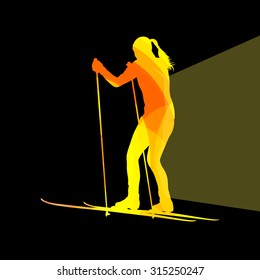 Woman on ski silhouette illustration vector background colorful concept made of transparent curved shapes