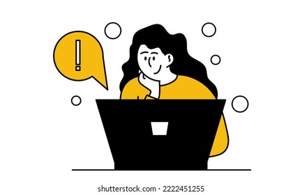 Woman on social network with laptop. Girl and internet technology with business vector illustration. Communication and online connection character with gadget. Connected and conversation with website