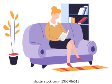 Woman on sofa with book reading hobby and leisure pastime vector living room interior literature bookcase and couch carpet and plant girl holding novel volume education and recreation knowledge.